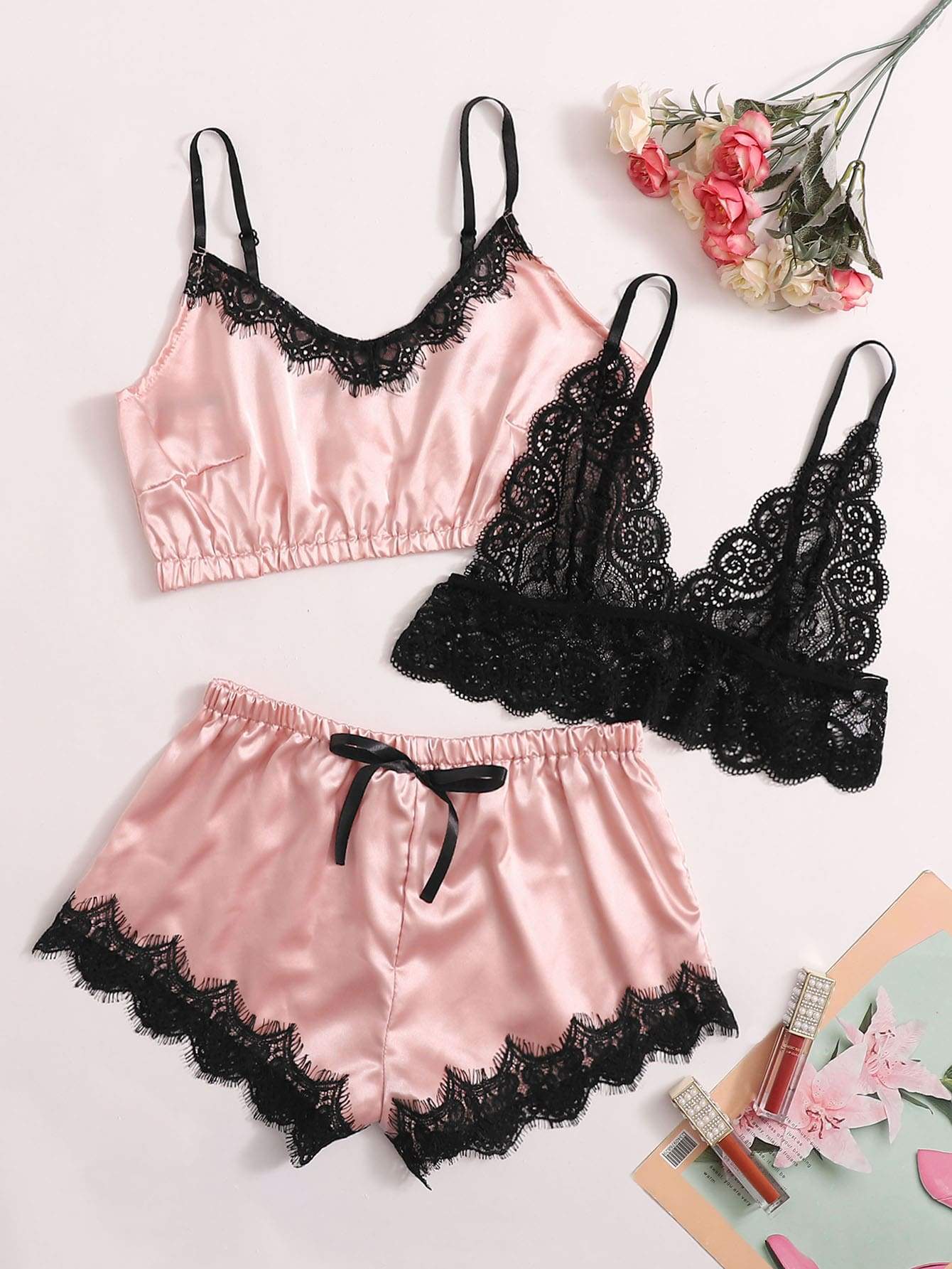 3pack Contrast Lace Satin Lingerie Sets - LuckyFash™