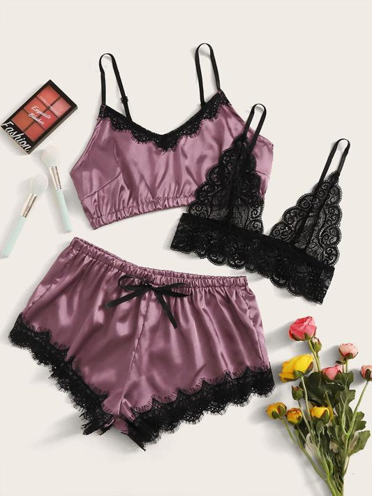 3pack Contrast Lace Satin Lingerie Set - LuckyFash™