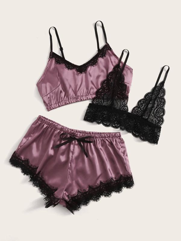 3pack Contrast Lace Satin Lingerie Set - LuckyFash™