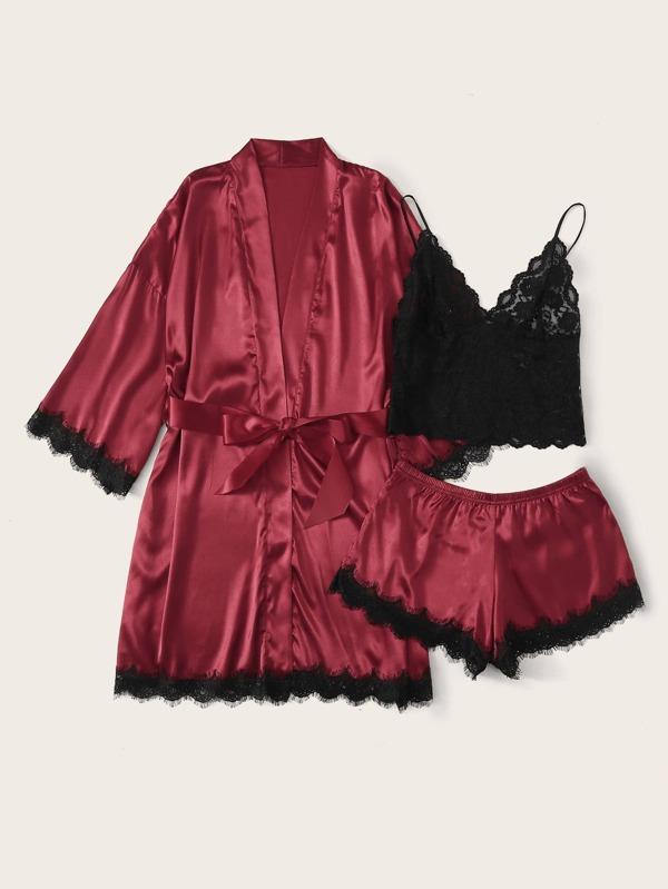 3pack Contrast Lace Satin Lingerie Set & Belted Robe - LuckyFash™