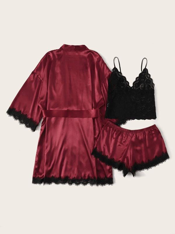 3pack Contrast Lace Satin Lingerie Set & Belted Robe - LuckyFash™