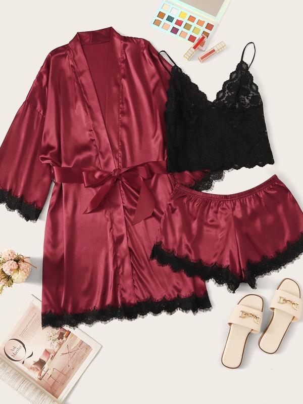 3pack Contrast Lace Satin Lingerie Set & Belted Robe - LuckyFash™