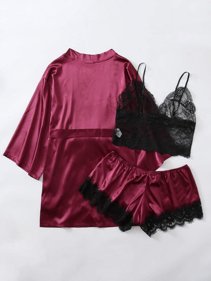 3pack Plus Contrast Lace Satin Lingerie Set & Robe - LuckyFash™