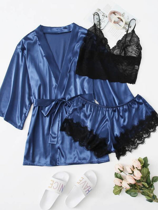 3pack Plus Contrast Lace Satin Lingerie Set & Robe - LuckyFash™