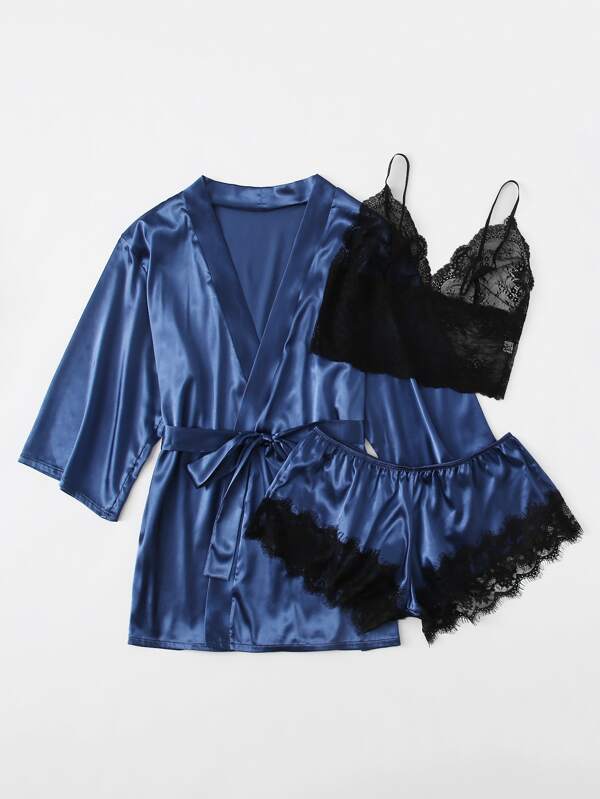 3pack Plus Contrast Lace Satin Lingerie Set & Robe - LuckyFash™