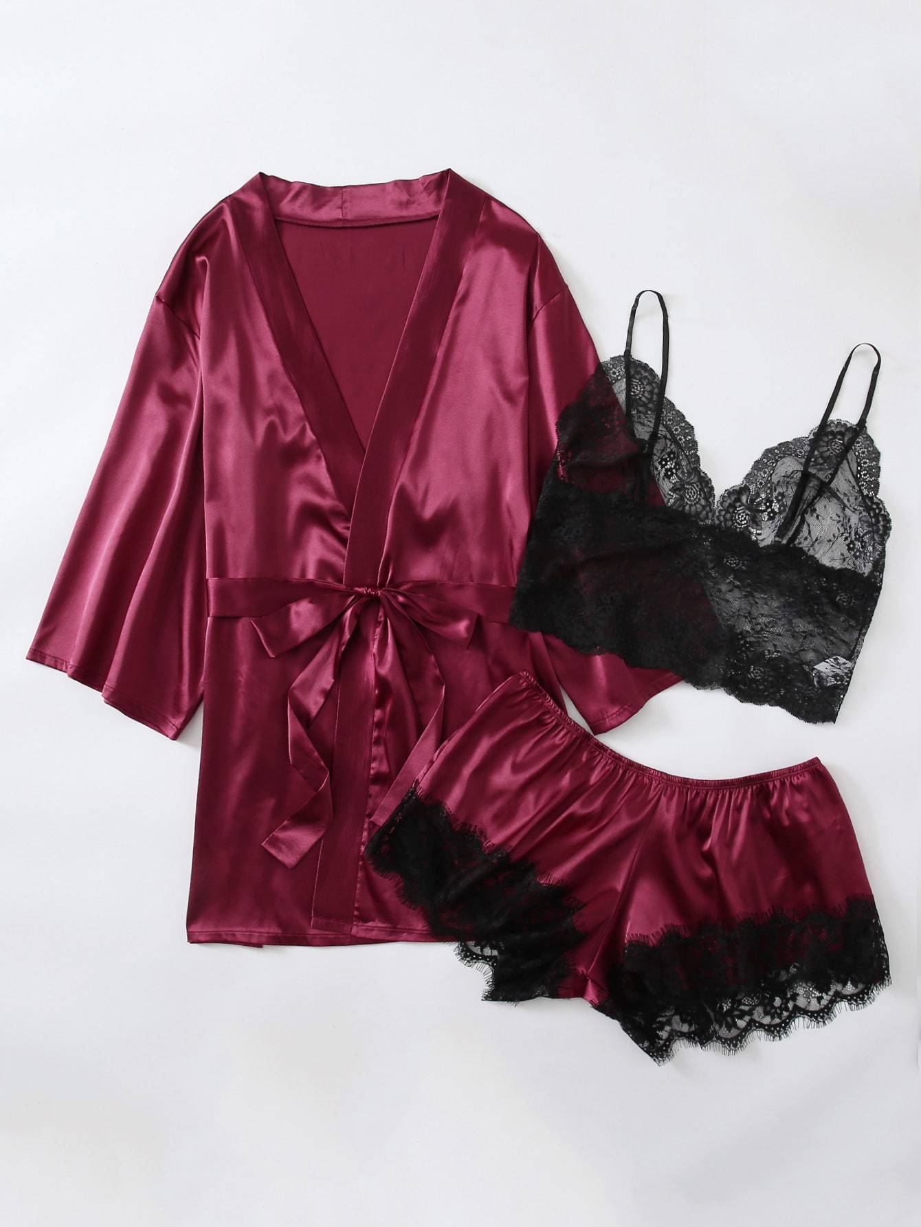 3pack Plus Contrast Lace Satin Lingerie Set & Robe - LuckyFash™