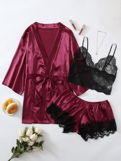 3pack Plus Contrast Lace Satin Lingerie Set & Robe - LuckyFash™