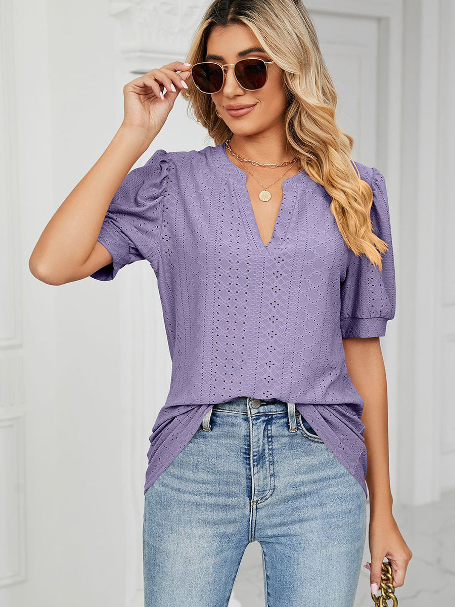 T Shirts Casual V Neck Hollow Puff Sleeve Loose T Shirt - LuckyFash™