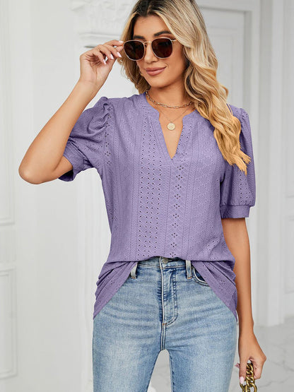 T Shirts Casual V Neck Hollow Puff Sleeve Loose T Shirt - LuckyFash™