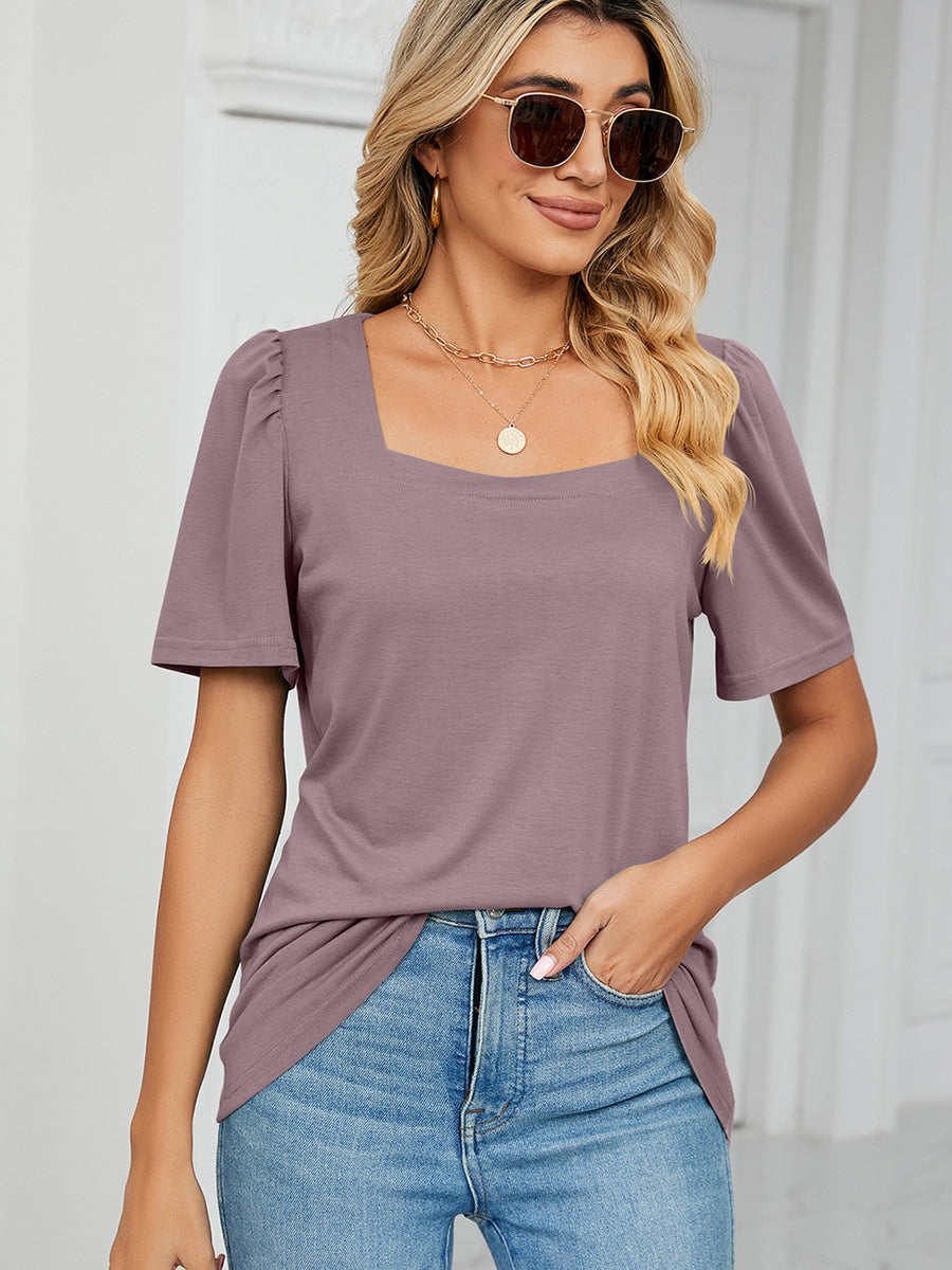 T-Shirts Solid Square Neck Short Sleeve Loose T-Shirt - LuckyFash™