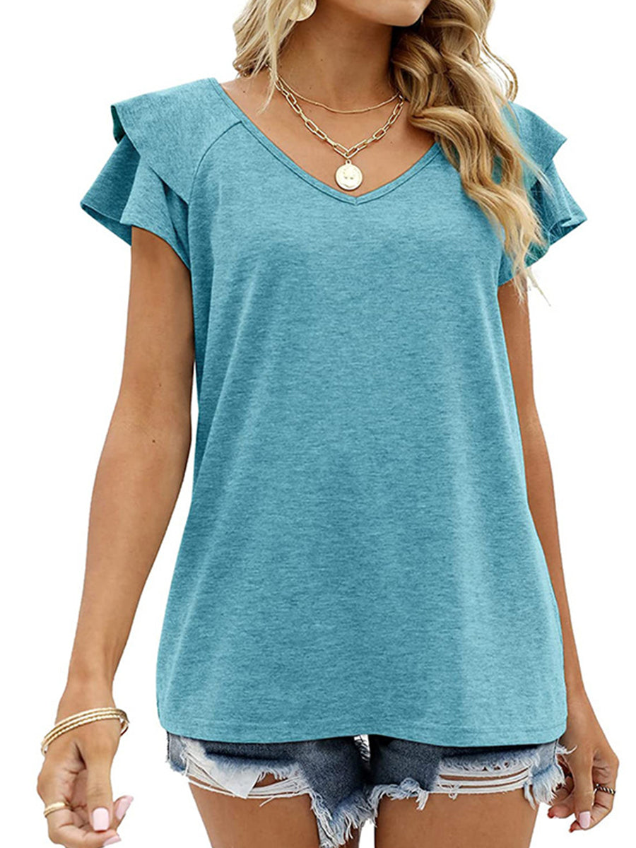 Women’s T-Shirts Solid Color V-Neck Ruffled Sleeves Loose T-Shirt - LuckyFash™