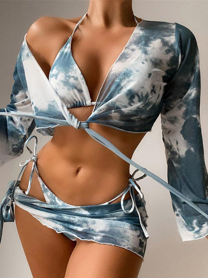 4PCS Tie Dye Print Tied Detail Frill Hem Bikini Set - LuckyFash™