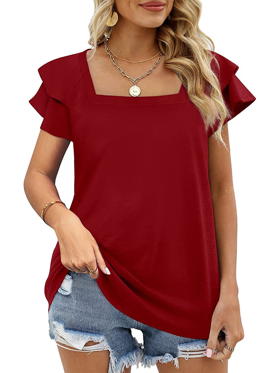 Women’s T-Shirts Solid Color Square Neck Double Layer Petal Sleeve T-Shirt - LuckyFash™