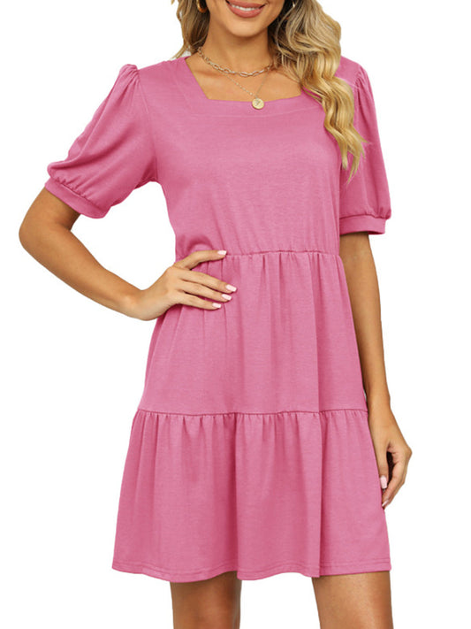 Dresses Solid Color Square Neck Short Sleeve Loose Stitching Mini Dress - LuckyFash™