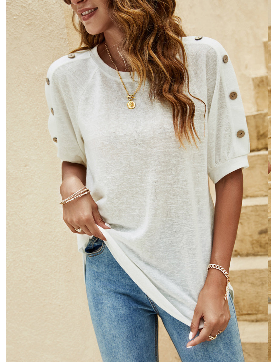 T-Shirts Loose Round Neck Button Casual Half-Sleeve T-Shirt - LuckyFash™