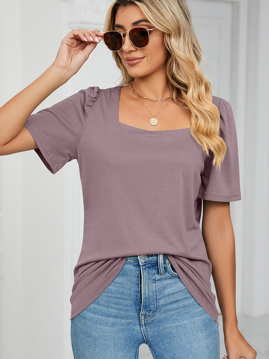 T-Shirts Solid Square Neck Short Sleeve Loose T-Shirt - LuckyFash™