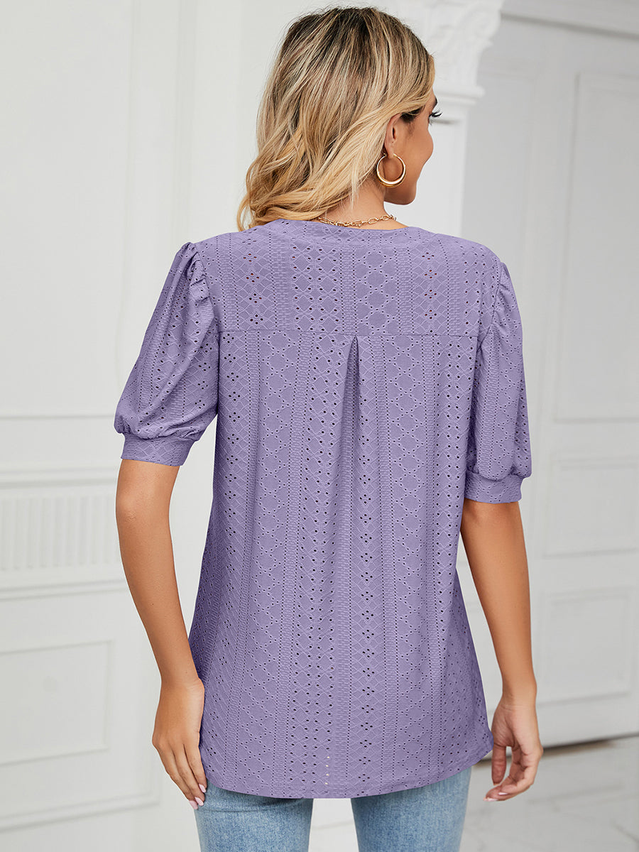 T Shirts Casual V Neck Hollow Puff Sleeve Loose T Shirt - LuckyFash™