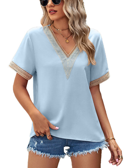 Women’s T-Shirts Lace Paneling V-Neck Solid Color T-Shirt - LuckyFash™