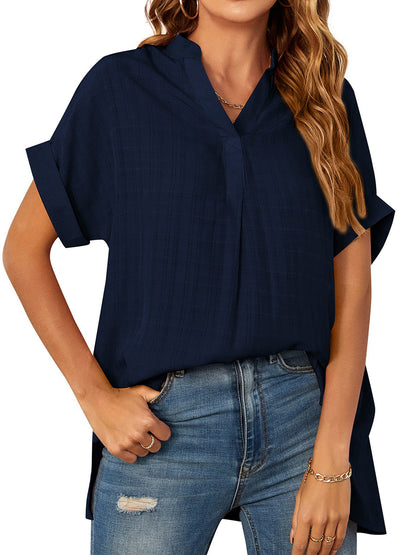 Blouses V-Neck Thin Loose Plaid Short-Sleeved Blouse - LuckyFash™