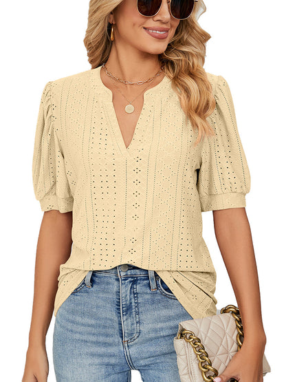 T Shirts Casual V Neck Hollow Puff Sleeve Loose T Shirt - LuckyFash™