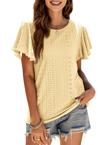 Women’s T-Shirts Hollow Ruffle Sleeve Casual Round Neck T-Shirt - LuckyFash™