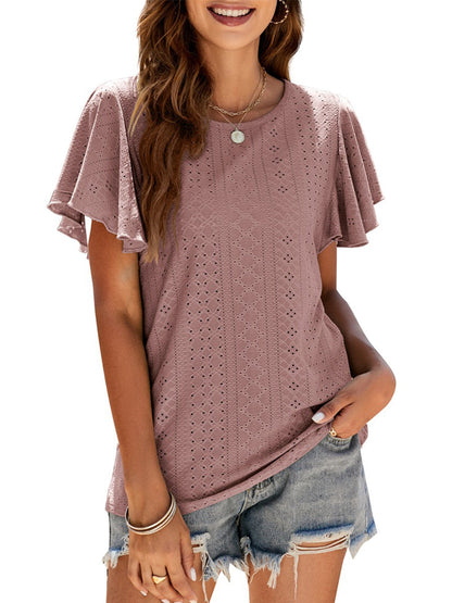 Women’s T-Shirts Hollow Ruffle Sleeve Casual Round Neck T-Shirt - LuckyFash™