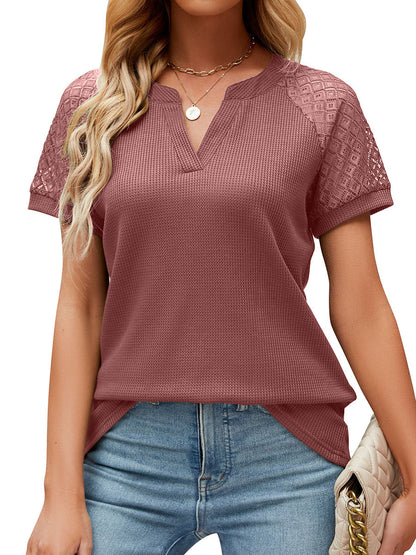 Women’s T-Shirts Solid Color Lace Hollow V-Neck Ruffle Sleeve Casual T-Shirt - LuckyFash™