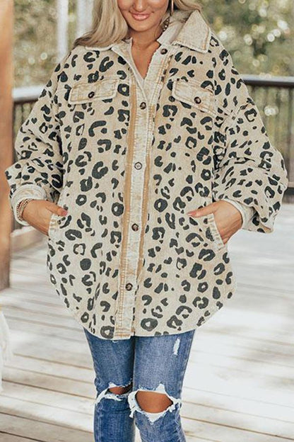 Jackets Leopard Print Pocket Button Long Sleeve Jacket - LuckyFash™