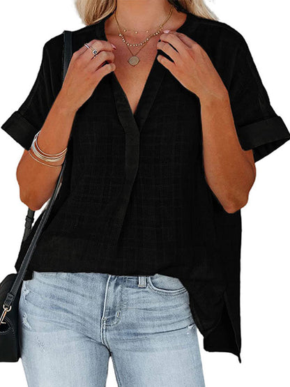 Blouses V-Neck Thin Loose Plaid Short-Sleeved Blouse - LuckyFash™