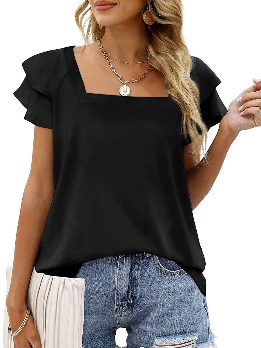 Women’s T-Shirts Solid Color Square Neck Double Layer Petal Sleeve T-Shirt - LuckyFash™