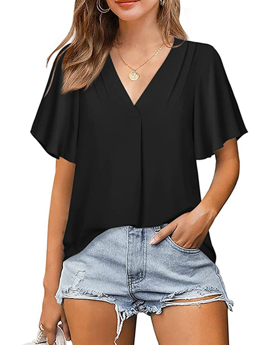 Women’s T-Shirts Solid Color V-Neck Chiffon Loose Short Sleeve T-Shirt - LuckyFash™