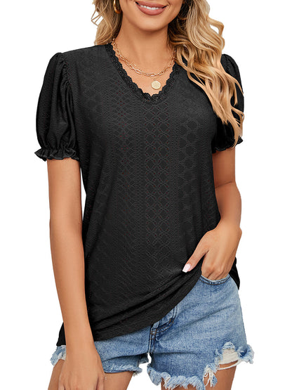 T-Shirts Solid Color Lace Stitching Hollow V-Neck T-Shirt - LuckyFash™