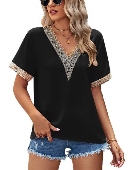 Women’s T-Shirts Lace Paneling V-Neck Solid Color T-Shirt - LuckyFash™