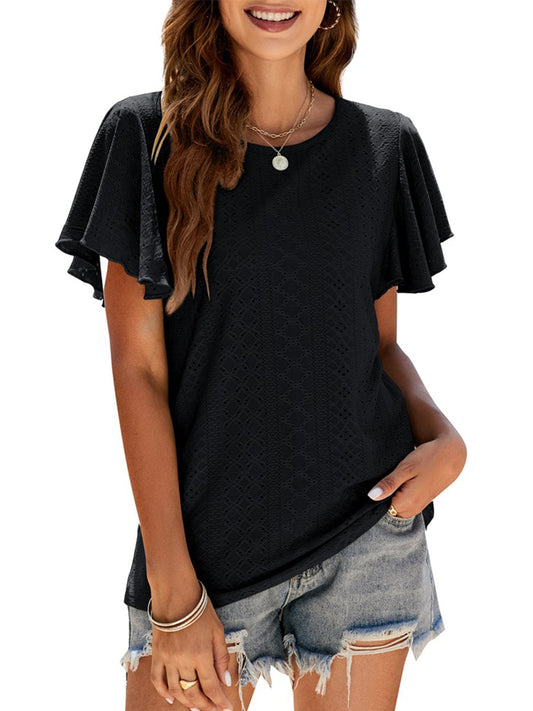 Women’s T-Shirts Hollow Ruffle Sleeve Casual Round Neck T-Shirt - LuckyFash™