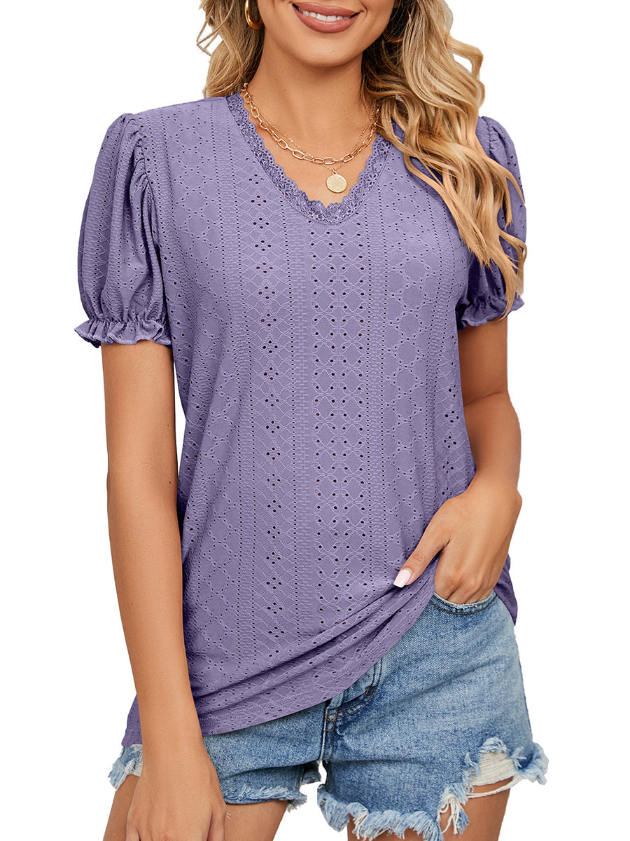 T-Shirts Solid Color Lace Stitching Hollow V-Neck T-Shirt - LuckyFash™