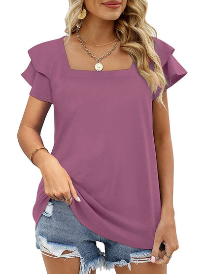 Women’s T-Shirts Solid Color Square Neck Double Layer Petal Sleeve T-Shirt - LuckyFash™