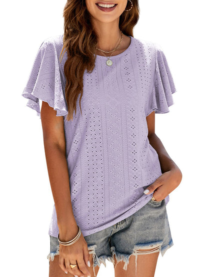 Women’s T-Shirts Hollow Ruffle Sleeve Casual Round Neck T-Shirt - LuckyFash™