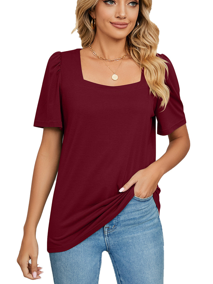 T-Shirts Solid Square Neck Short Sleeve Loose T-Shirt - LuckyFash™