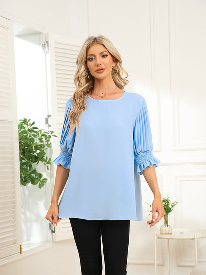 Women’s Blouses Solid Color Round Neck Ruffle Sleeve Chiffon Blouse - LuckyFash™