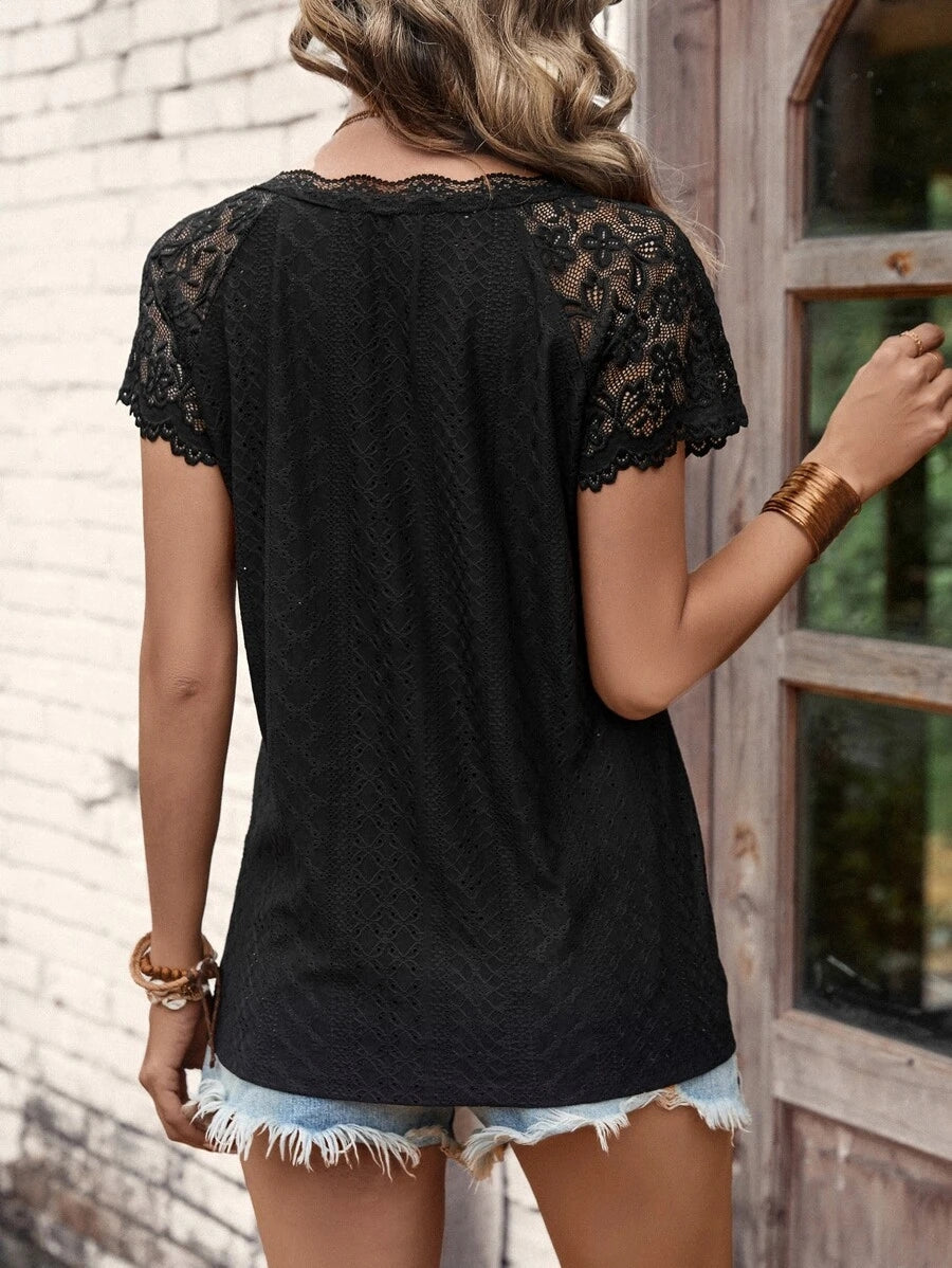 T-Shirts V-Neck Stitching Lace Loose Short-Sleeved T-Shirt - LuckyFash™