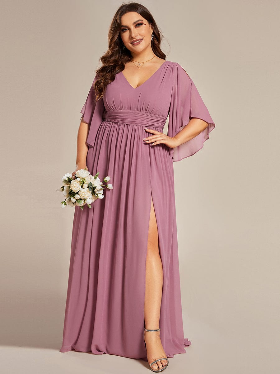 A-Line Chiffon V-Neck Bridesmaid Dress with Half Sleeves for Plus Size