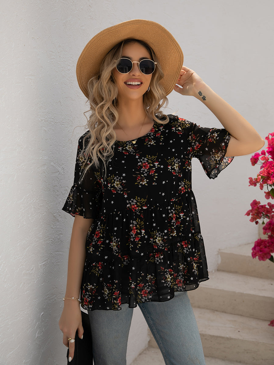 Women’s Blouses Plus Size Round Neck Floral Printed Pattern Chiffon Blouse - LuckyFash™