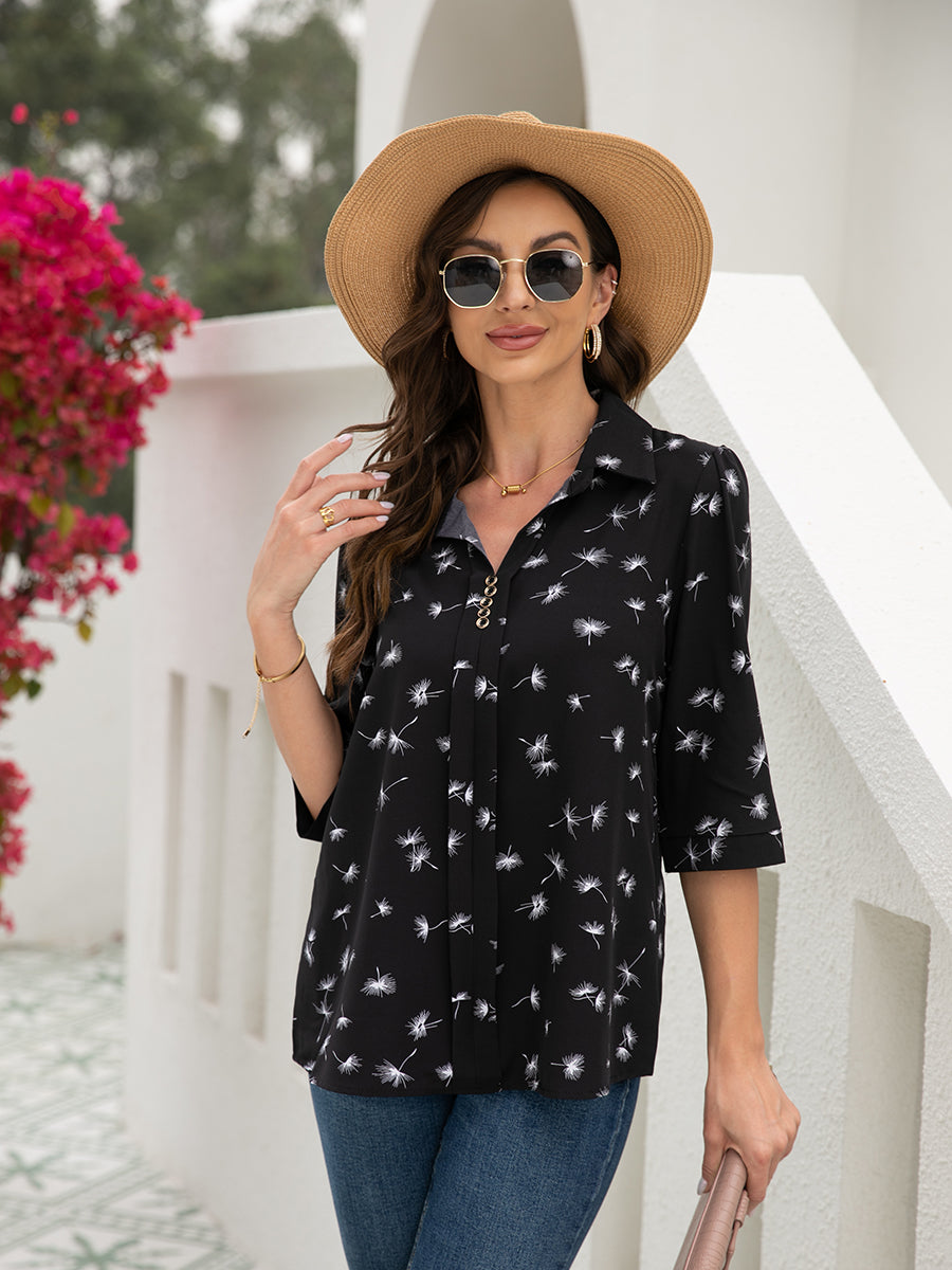 T-Shirts Button Floral Loose Sleeve T-Shirt - LuckyFash™