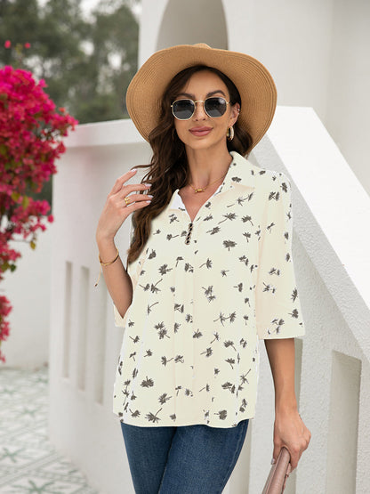 T-Shirts Button Floral Loose Sleeve T-Shirt - LuckyFash™