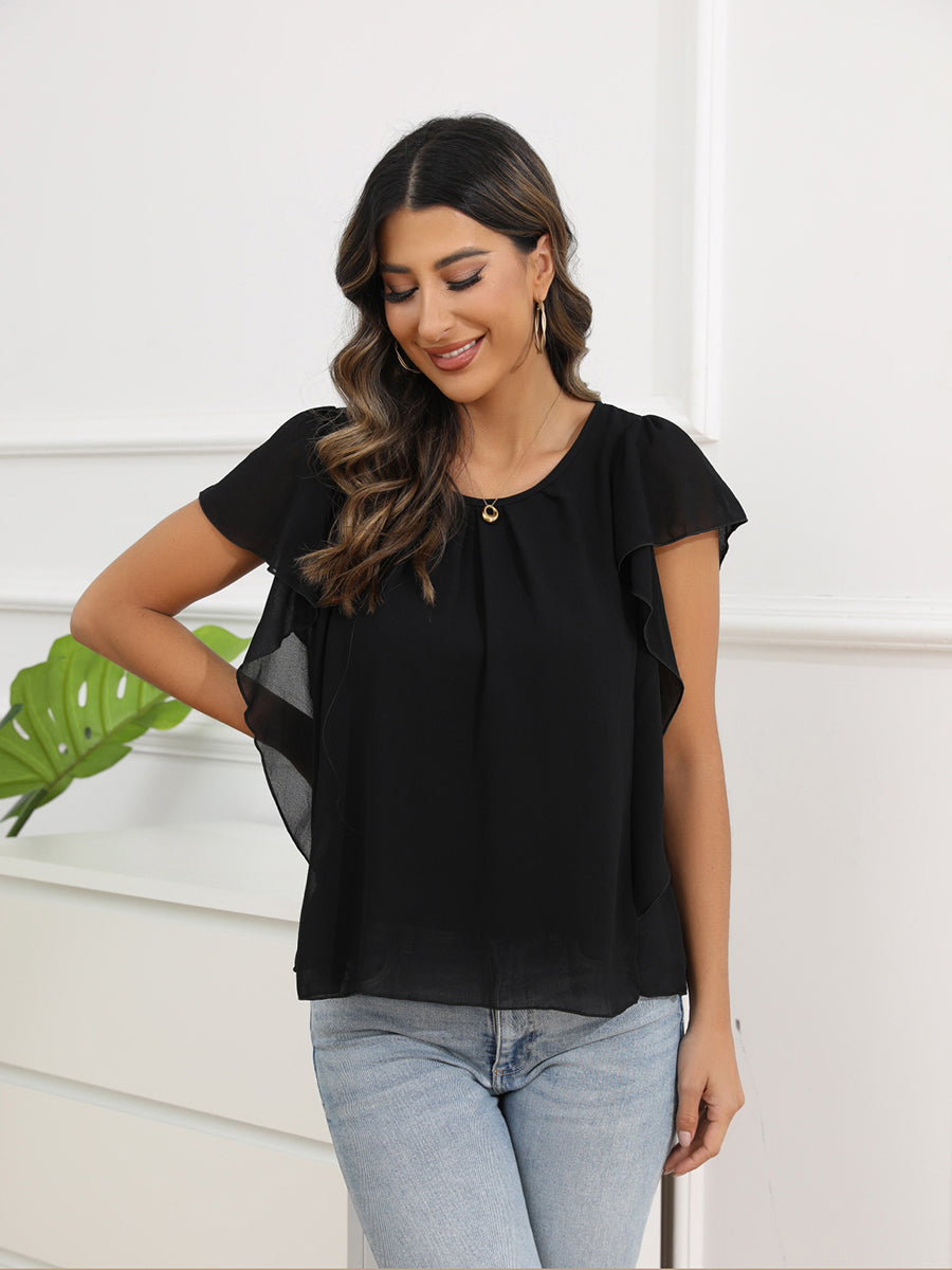 Women’s Blouses Solid Color Round Neck Short Sleeve Loose Chiffon Blouse - LuckyFash™