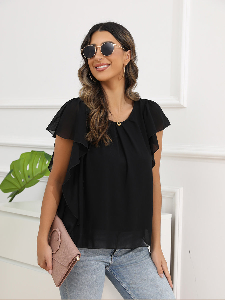 Women’s Blouses Solid Color Round Neck Short Sleeve Loose Chiffon Blouse - LuckyFash™