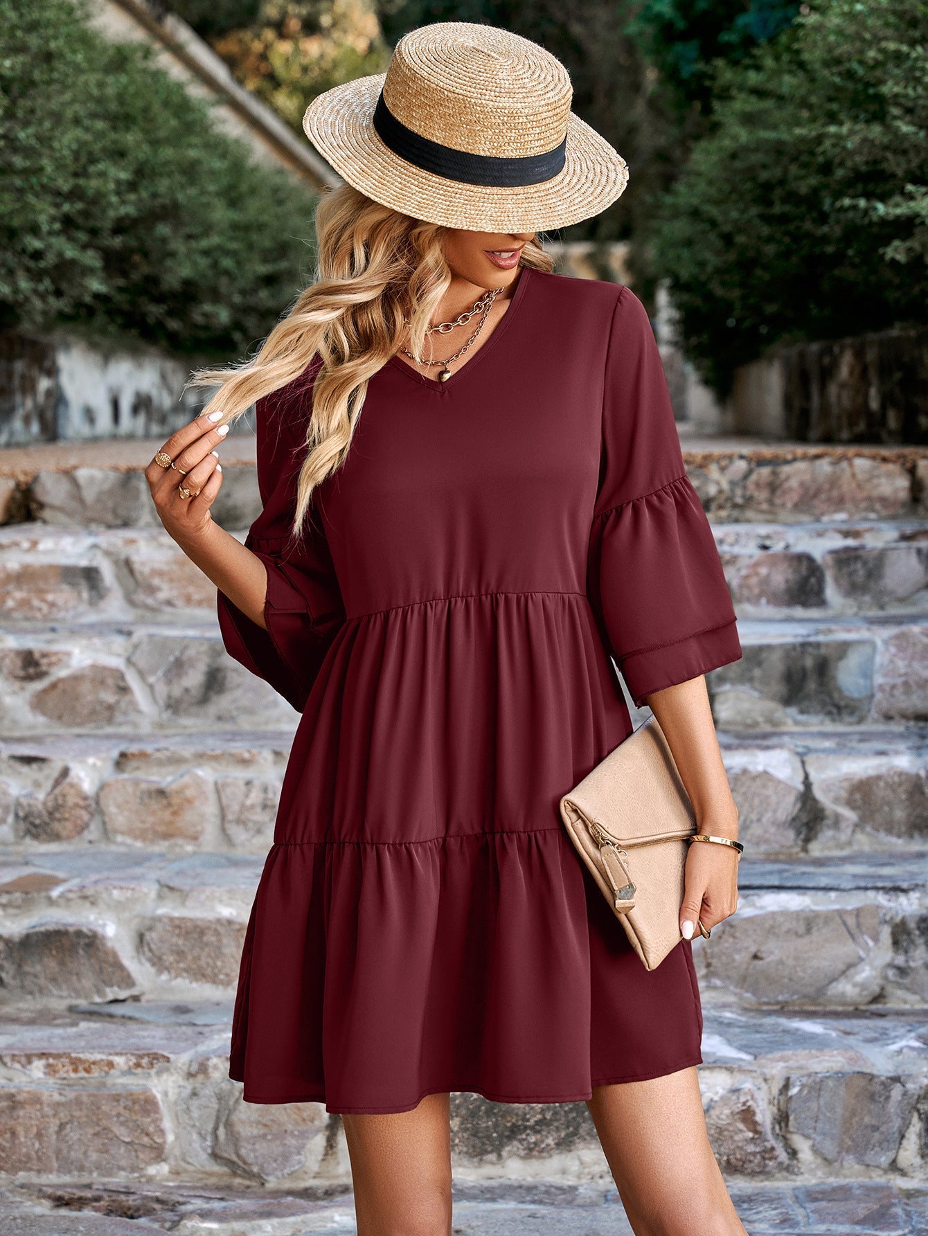 Dresses V-Neck Solid Color Loose Fashion Mini Dress - LuckyFash™