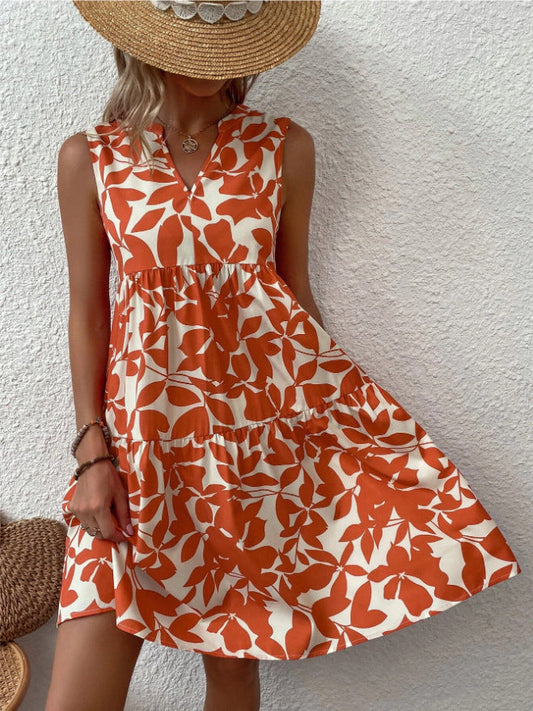 Women’s Dresses Bohemian Leaf Print Fashion Loose V-Neck Pleated Mini Dress - LuckyFash™