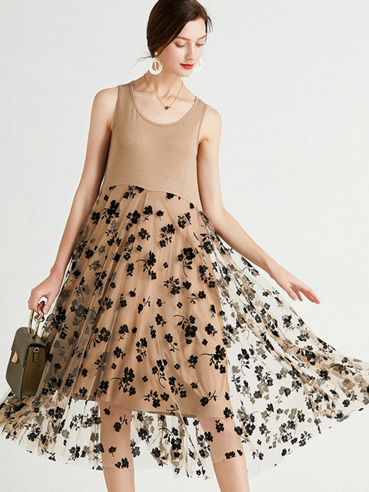Dresses Medium And Long Sleeveless Round Neck Mesh Midi Dress - LuckyFash™