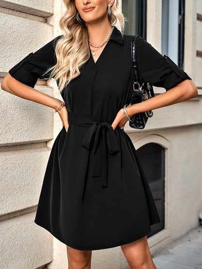 Dresses Lapel Lace Up Solid Color Mini Dress - LuckyFash™